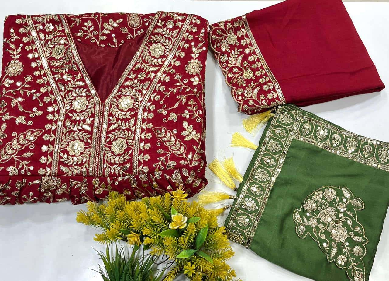 Designer chinon silk embroidery readymade stitch salwar suit