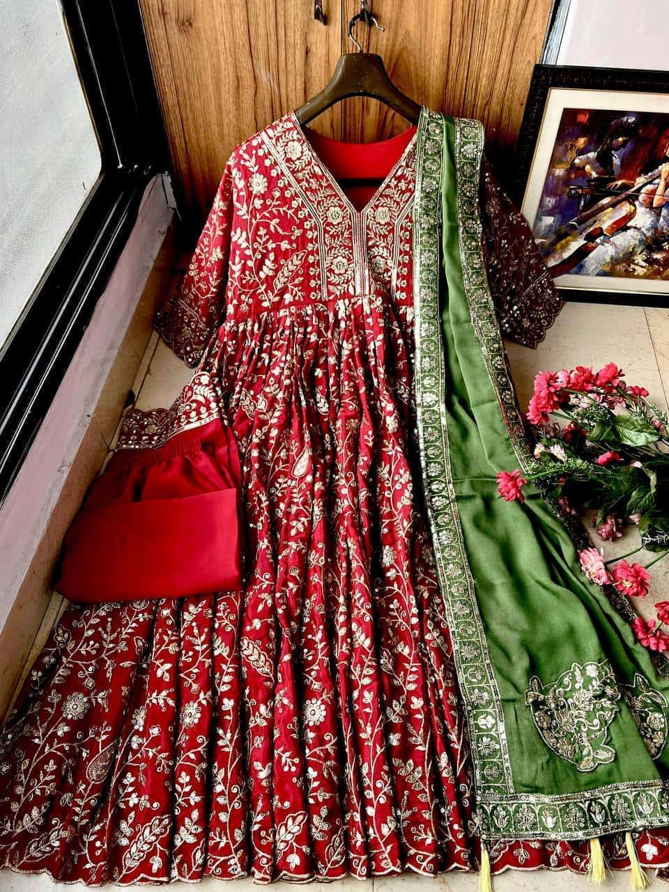 Designer chinon silk embroidery readymade stitch salwar suit