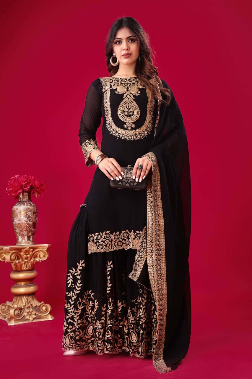 "Elegant Blooming Faux Georgette Embroidered Set with Plazzo and Dupatta"