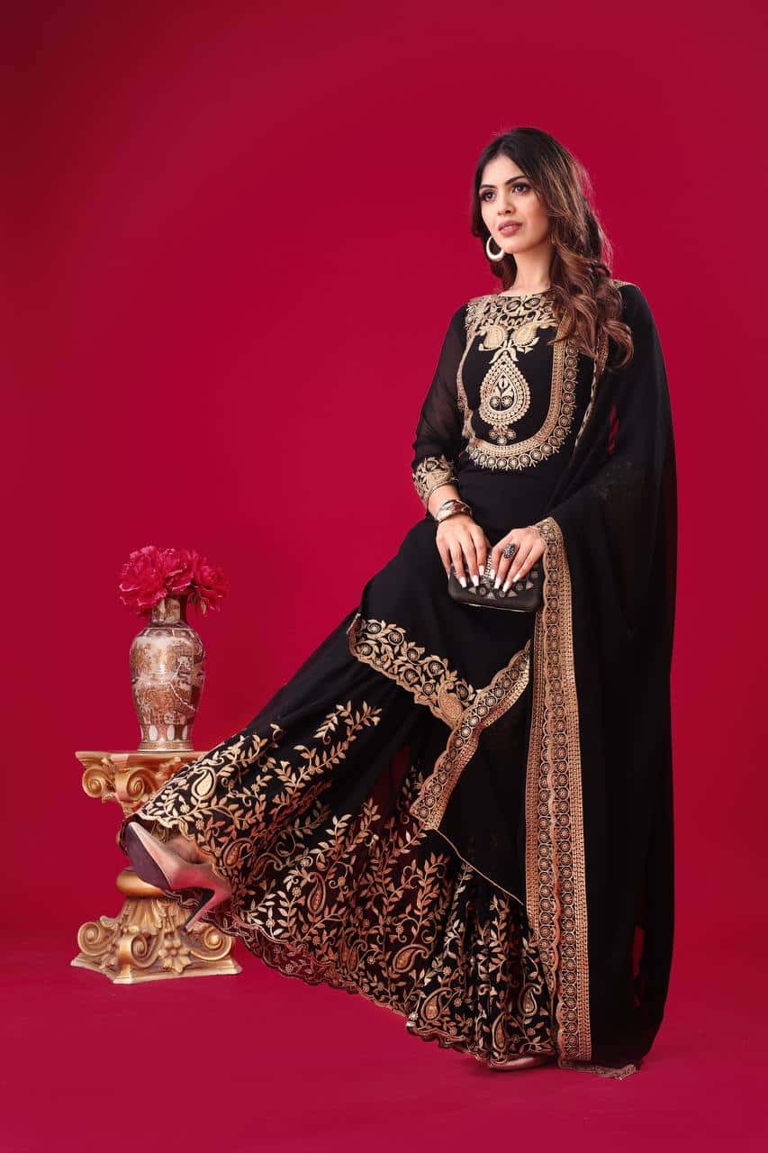 "Elegant Blooming Faux Georgette Embroidered Set with Plazzo and Dupatta"