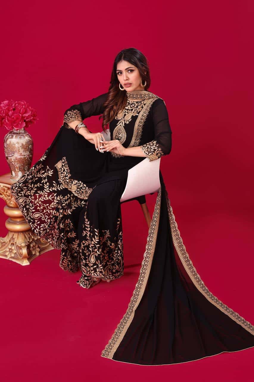 "Elegant Blooming Faux Georgette Embroidered Set with Plazzo and Dupatta"