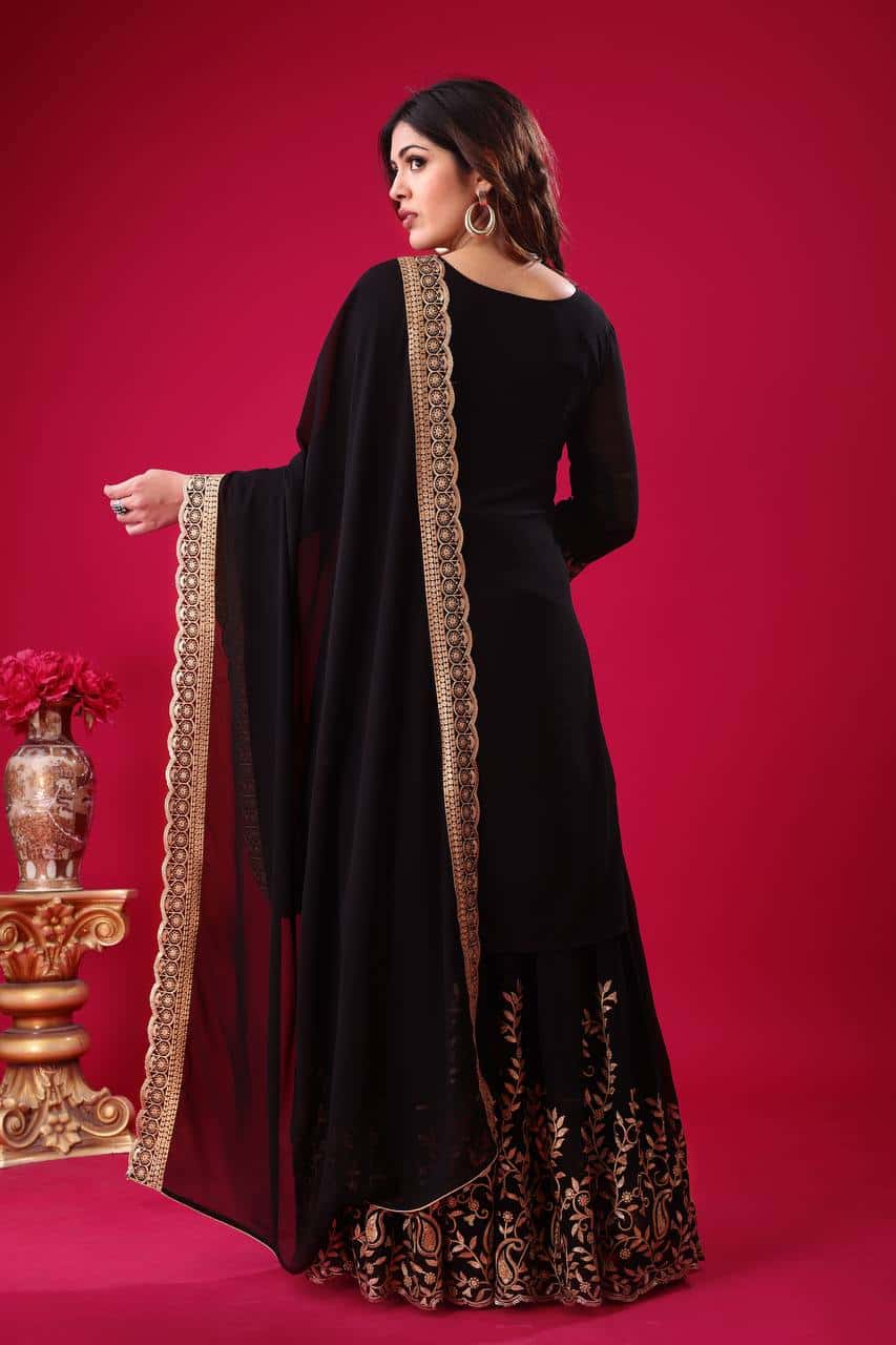 "Elegant Blooming Faux Georgette Embroidered Set with Plazzo and Dupatta"
