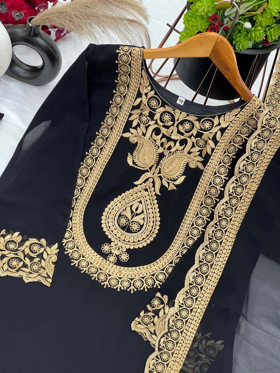 "Elegant Blooming Faux Georgette Embroidered Set with Plazzo and Dupatta"