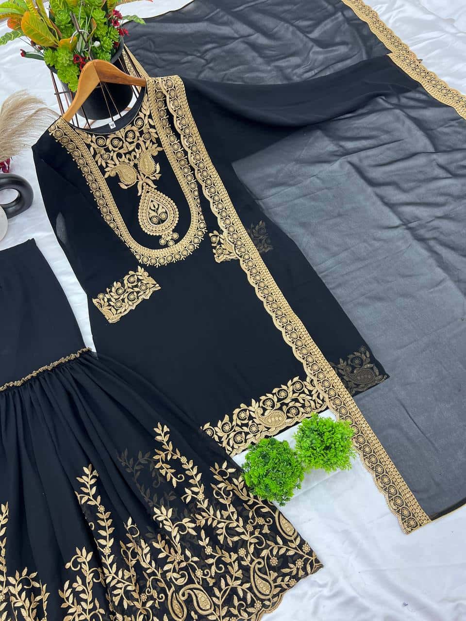 "Elegant Blooming Faux Georgette Embroidered Set with Plazzo and Dupatta"
