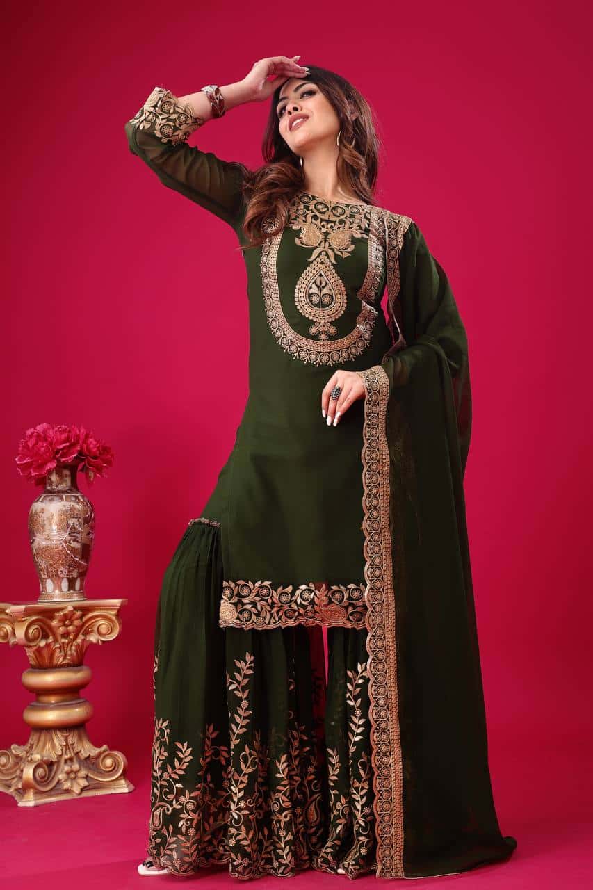 "Elegant Blooming Faux Georgette Embroidered Set with Plazzo and Dupatta"
