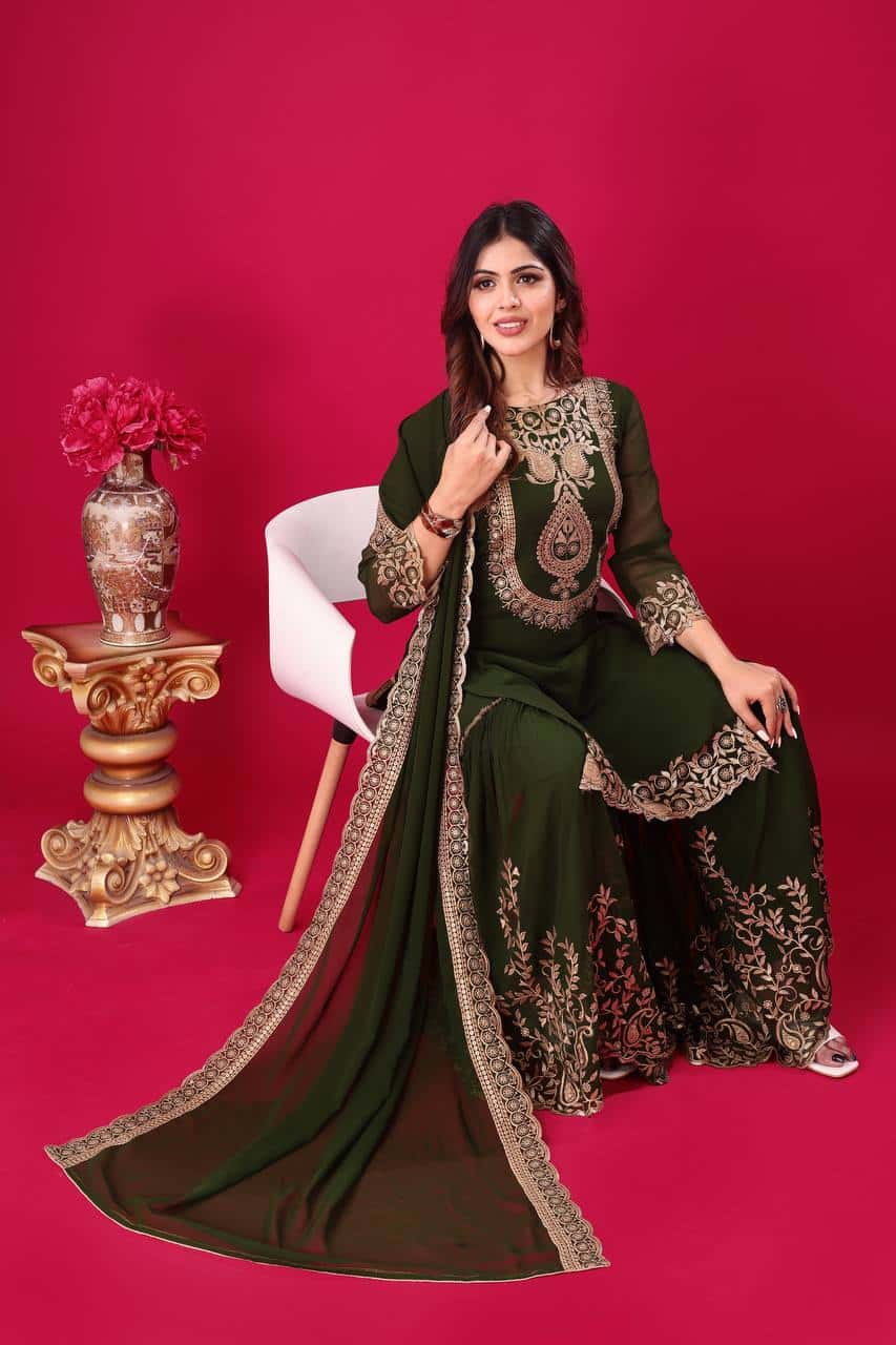 "Elegant Blooming Faux Georgette Embroidered Set with Plazzo and Dupatta"