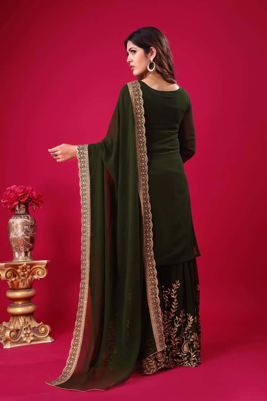 "Elegant Blooming Faux Georgette Embroidered Set with Plazzo and Dupatta"