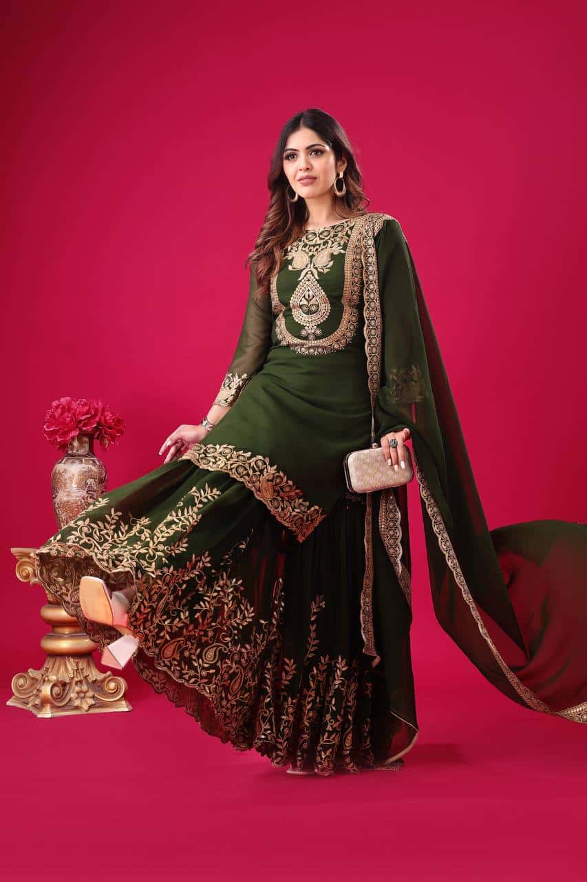"Elegant Blooming Faux Georgette Embroidered Set with Plazzo and Dupatta"