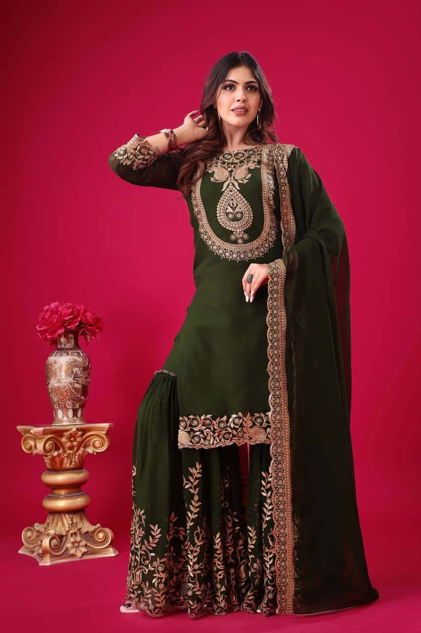 "Elegant Blooming Faux Georgette Embroidered Set with Plazzo and Dupatta"