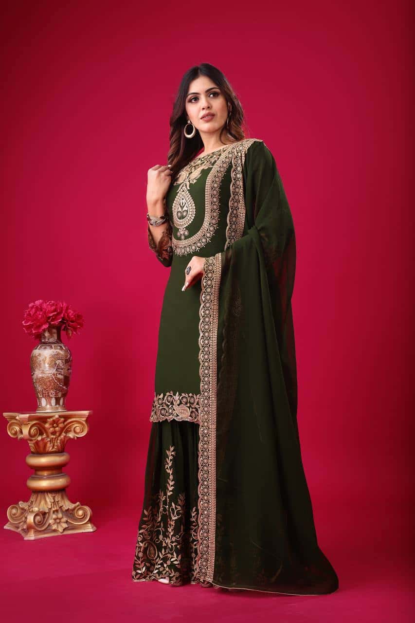 "Elegant Blooming Faux Georgette Embroidered Set with Plazzo and Dupatta"