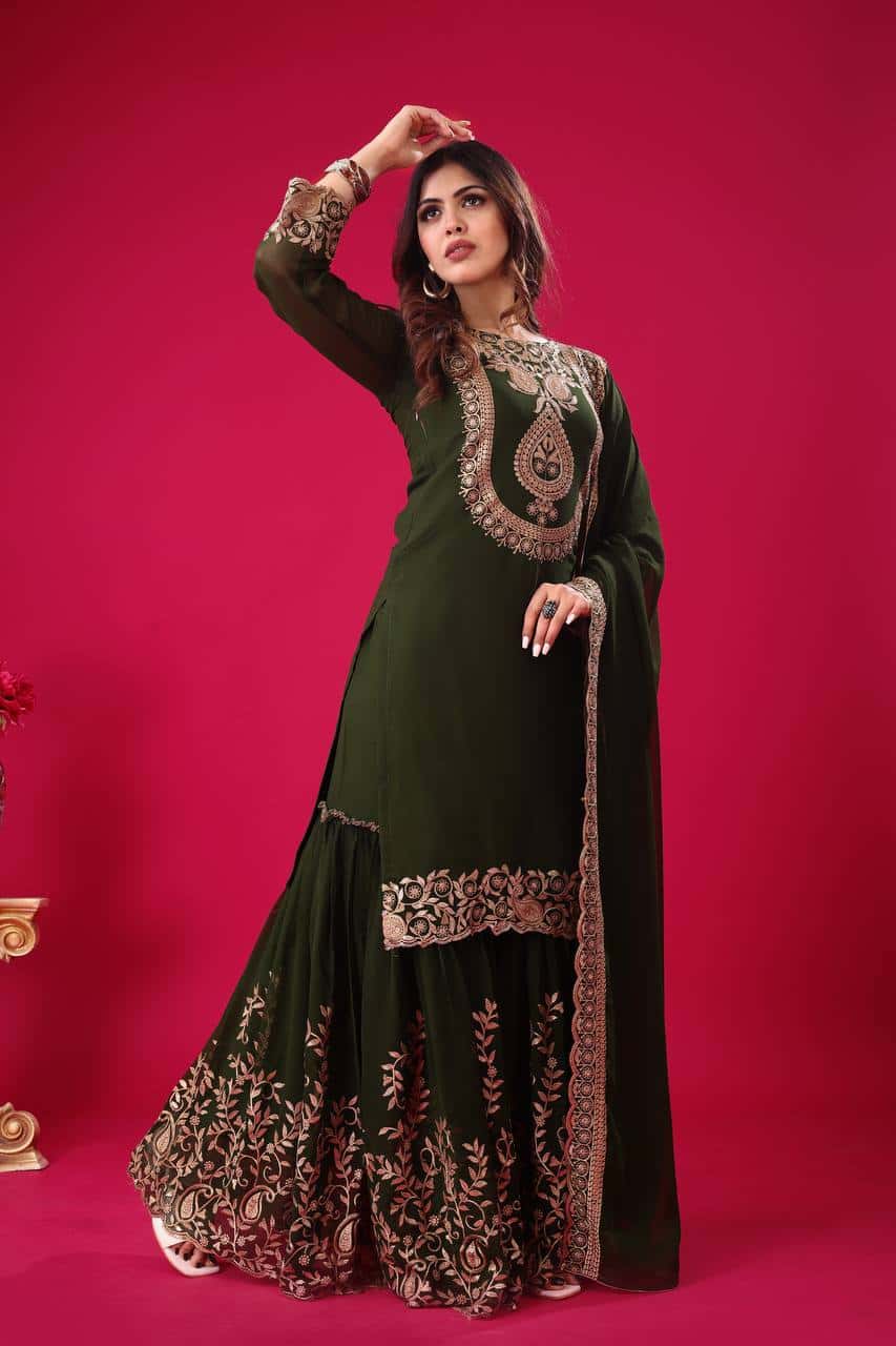 "Elegant Blooming Faux Georgette Embroidered Set with Plazzo and Dupatta"