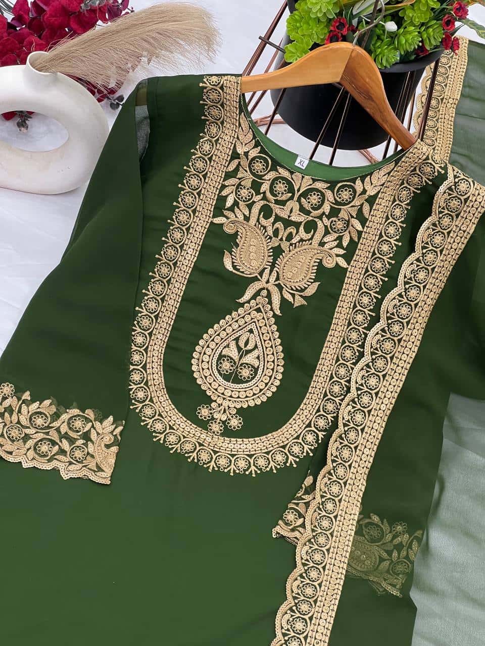 "Elegant Blooming Faux Georgette Embroidered Set with Plazzo and Dupatta"