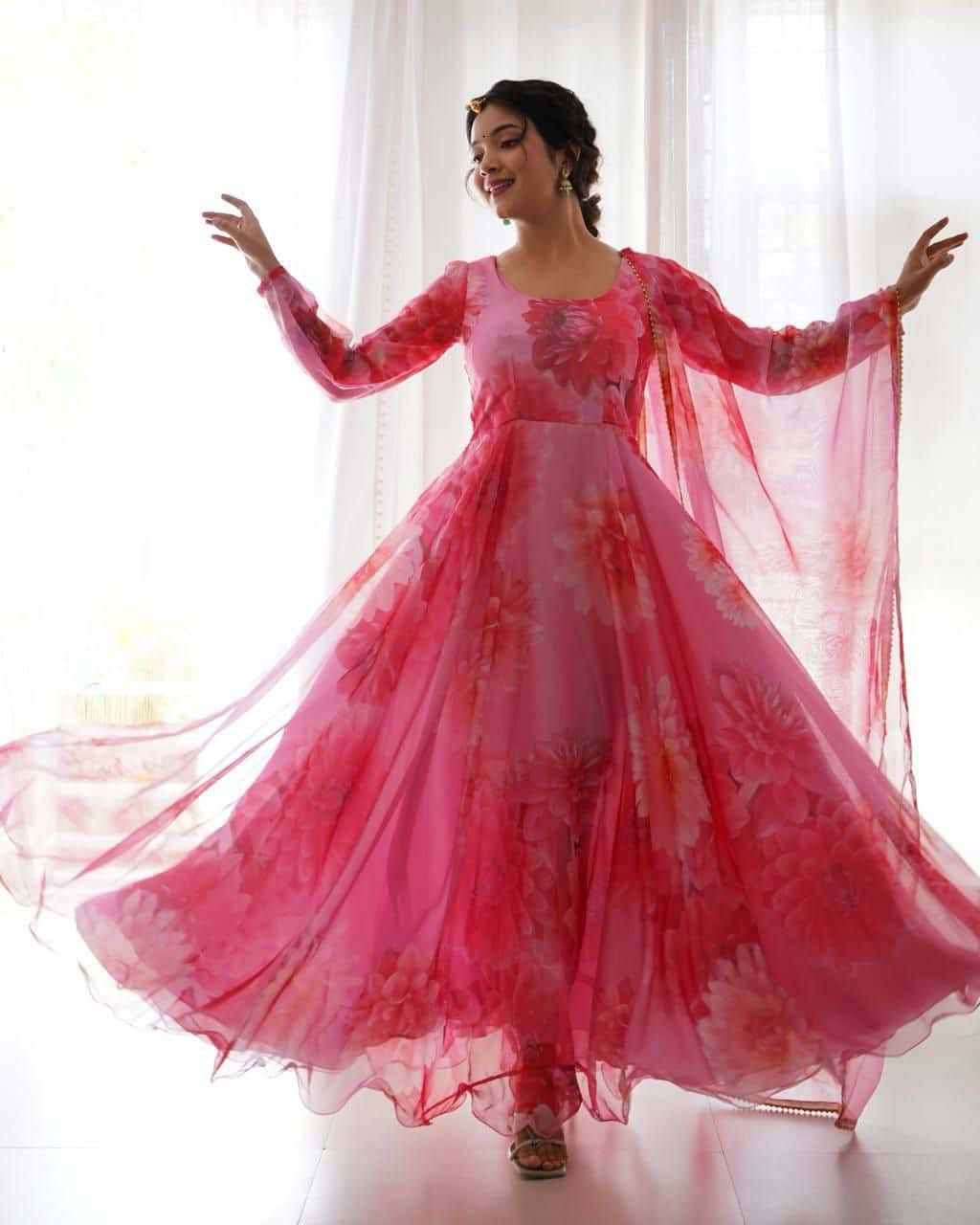 "Elegant Organza Taby Silk Gown with Digital Print, Handwork, and Golden Gotta Lace Border"