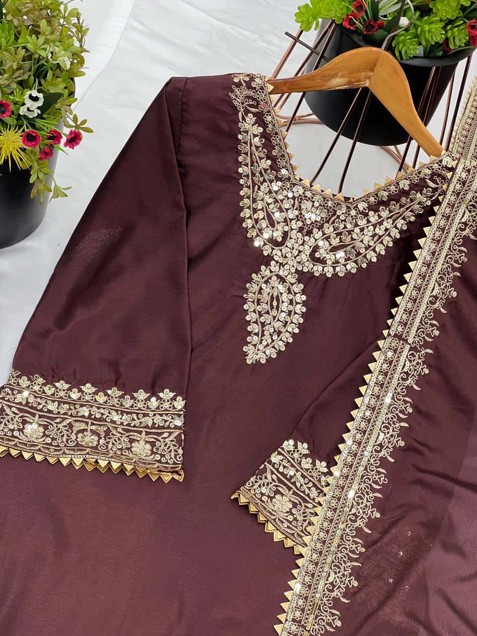 Heavy Chinon Silk Embroidered Set with Full Sleeves, Lace Border Dupatta, and Micro Cotton Inner