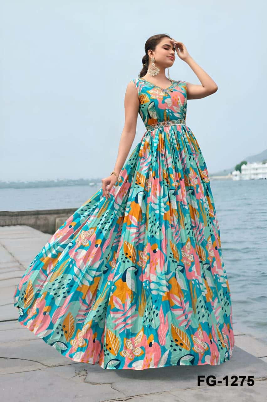 "Heavy Digital Printed Chinon Anarkali with Mirror & Embroidered Work – Fully Stitched, Flared Design"