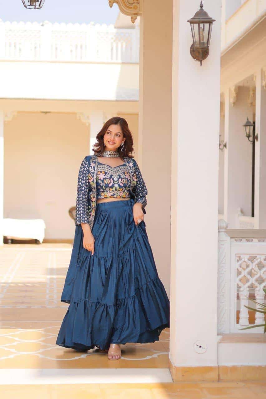Pure Chinon Kurta Skirt Jacket with Dupatta