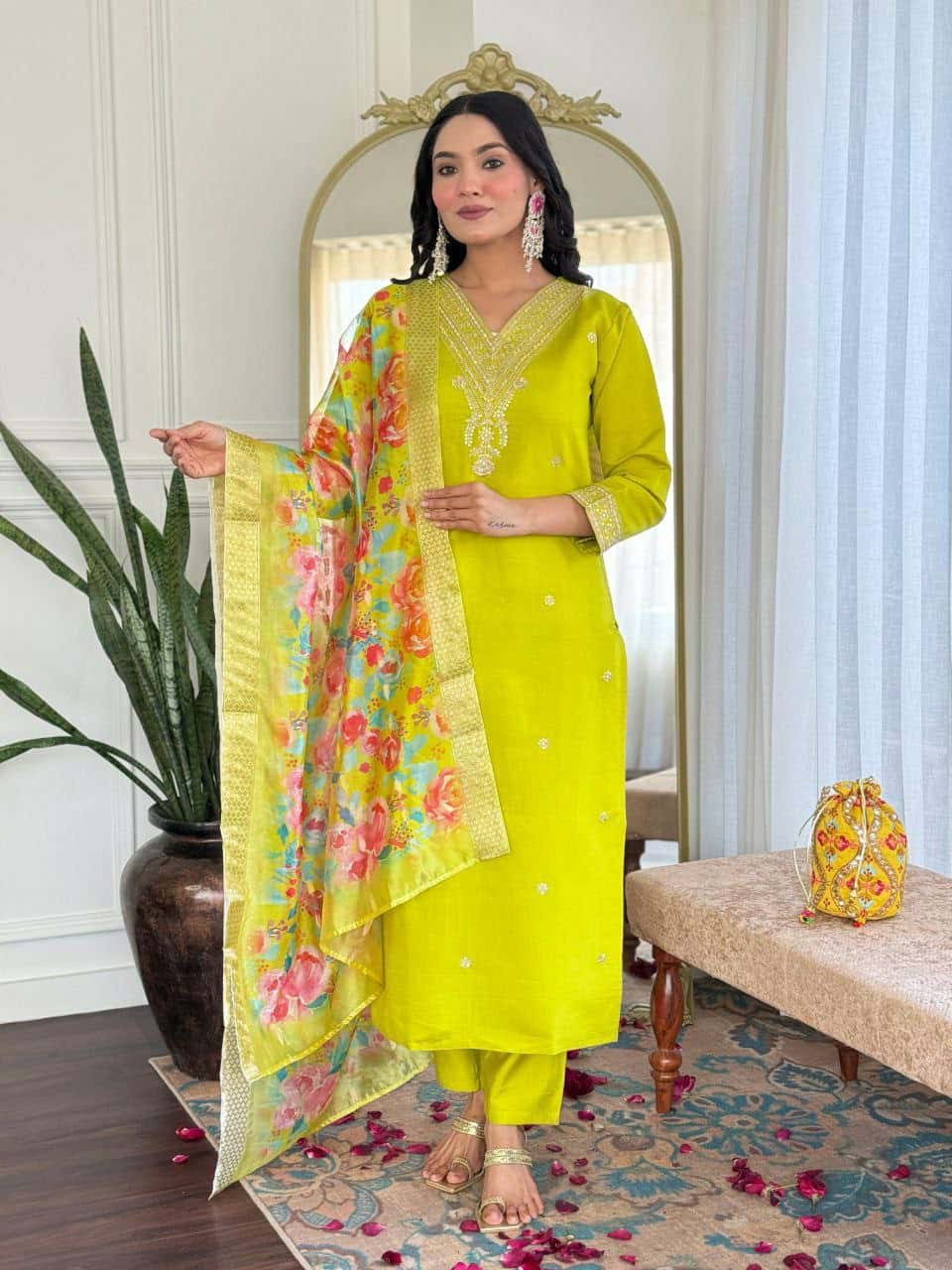 "Elegant Pure Viscose Chanderi Kurti Set with Sequence Embroidery & Jacquard Dupatta"