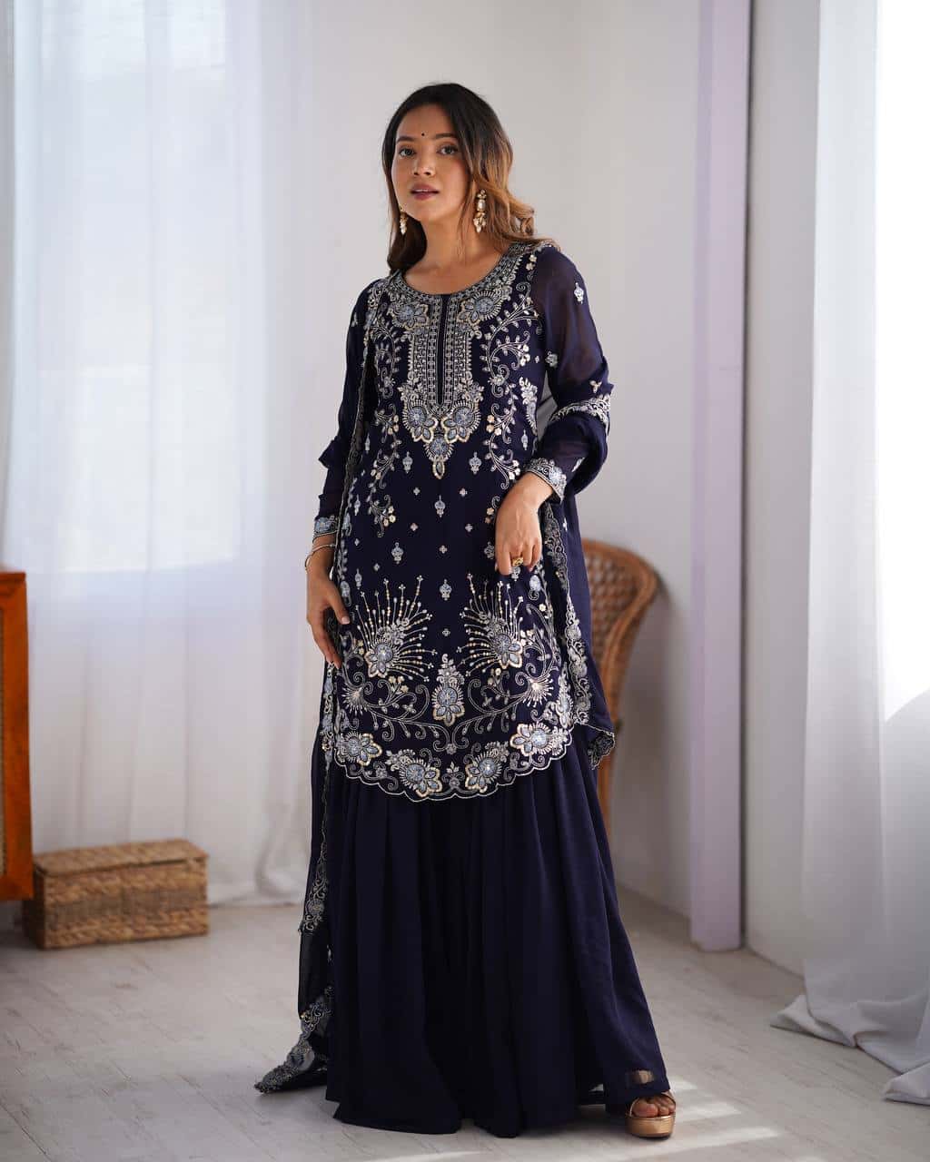 Red and blue thread embroidery work readymade stitch salwar suit