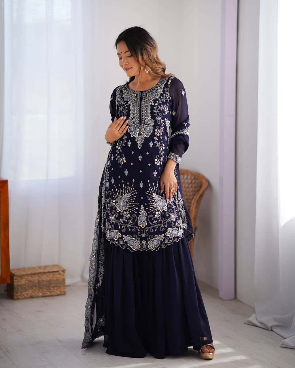 Red and blue thread embroidery work readymade stitch salwar suit