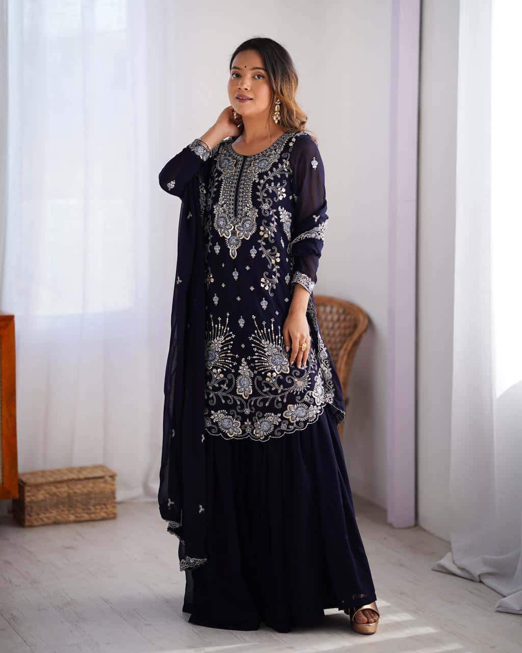 Red and blue thread embroidery work readymade stitch salwar suit
