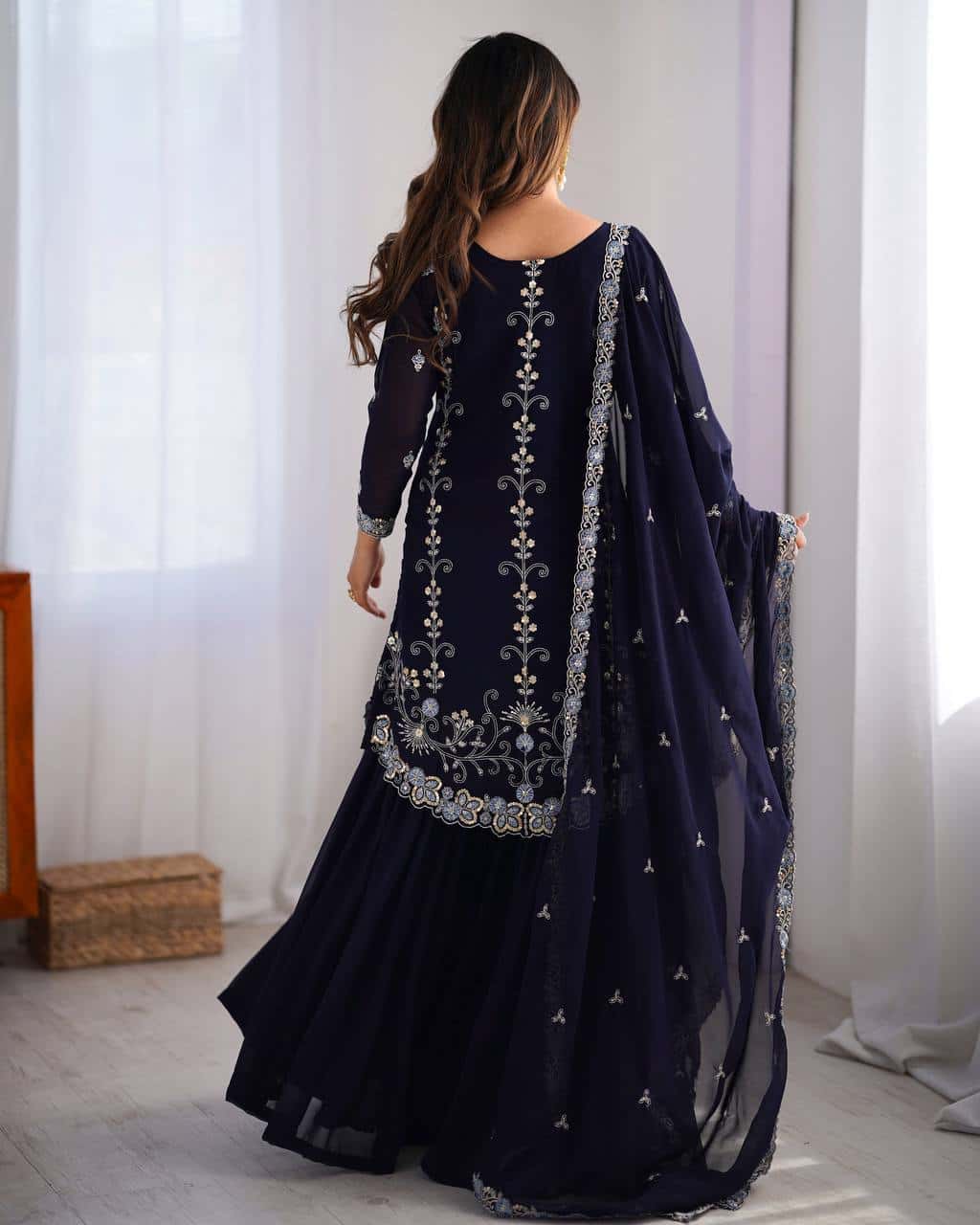 Red and blue thread embroidery work readymade stitch salwar suit