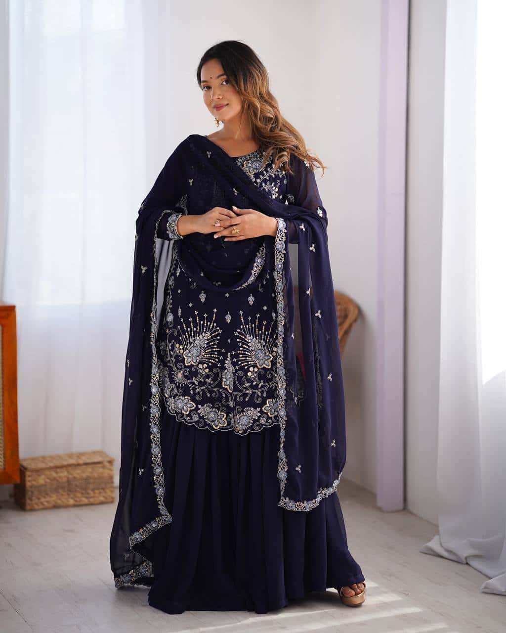 Red and blue thread embroidery work readymade stitch salwar suit