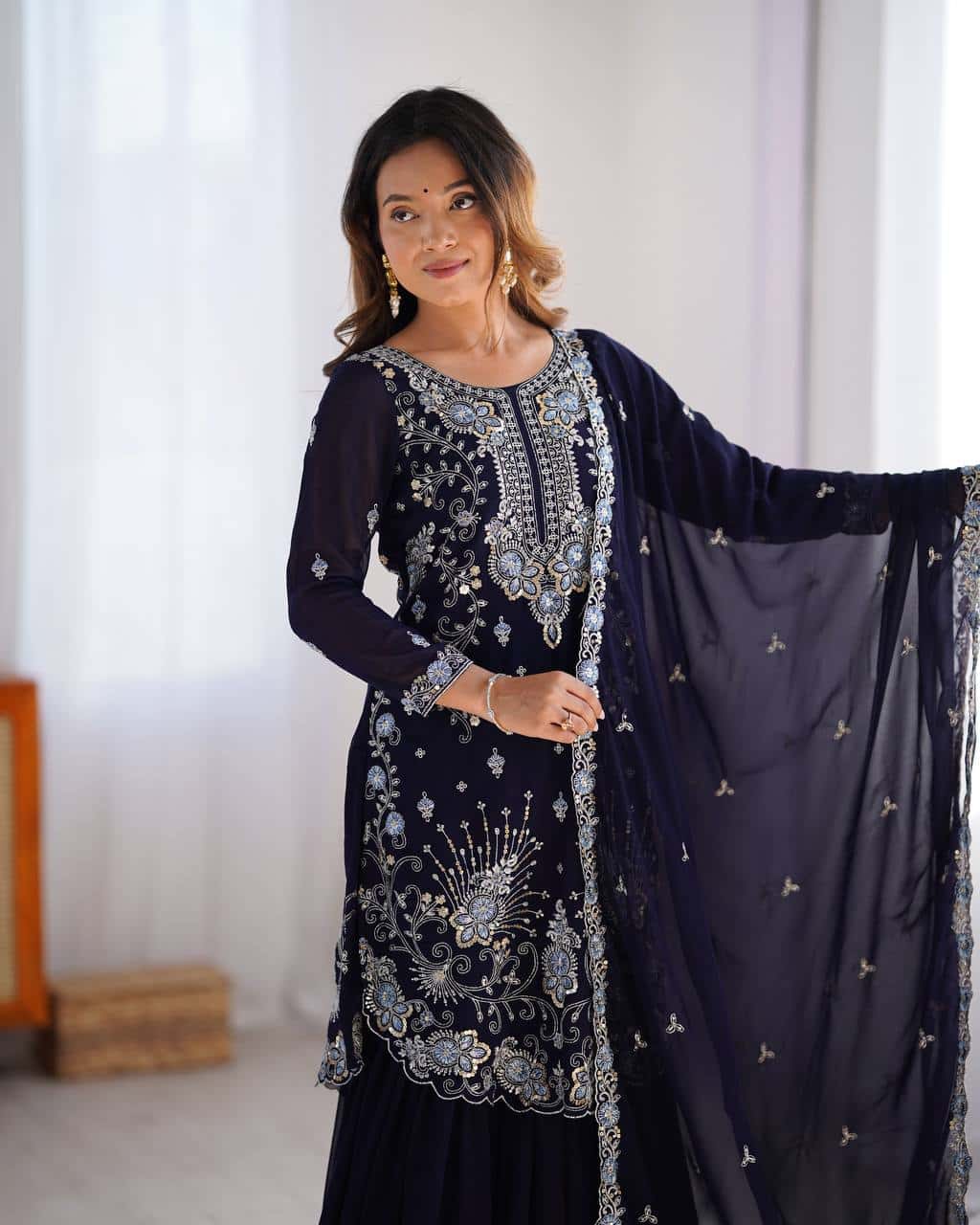 Red and blue thread embroidery work readymade stitch salwar suit