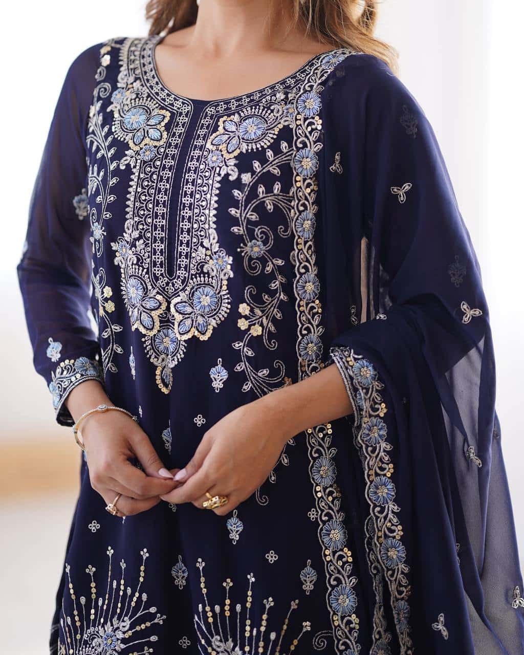 Red and blue thread embroidery work readymade stitch salwar suit