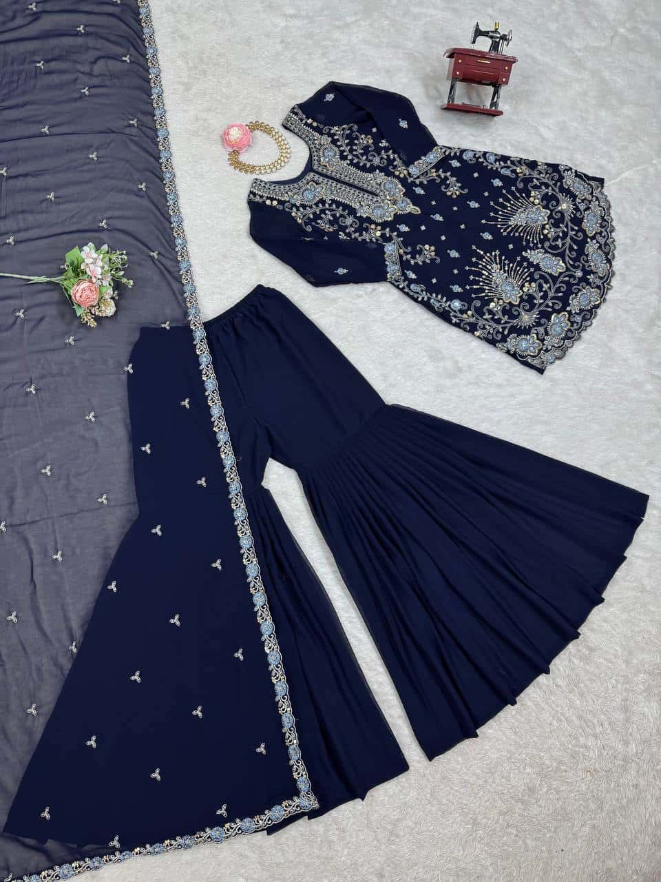 Red and blue thread embroidery work readymade stitch salwar suit