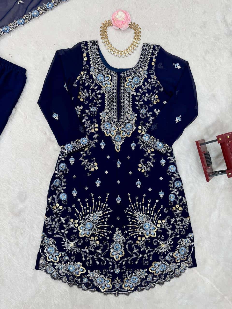 Red and blue thread embroidery work readymade stitch salwar suit