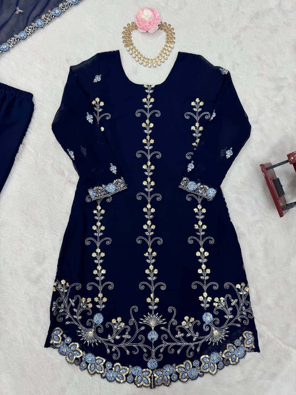 Red and blue thread embroidery work readymade stitch salwar suit