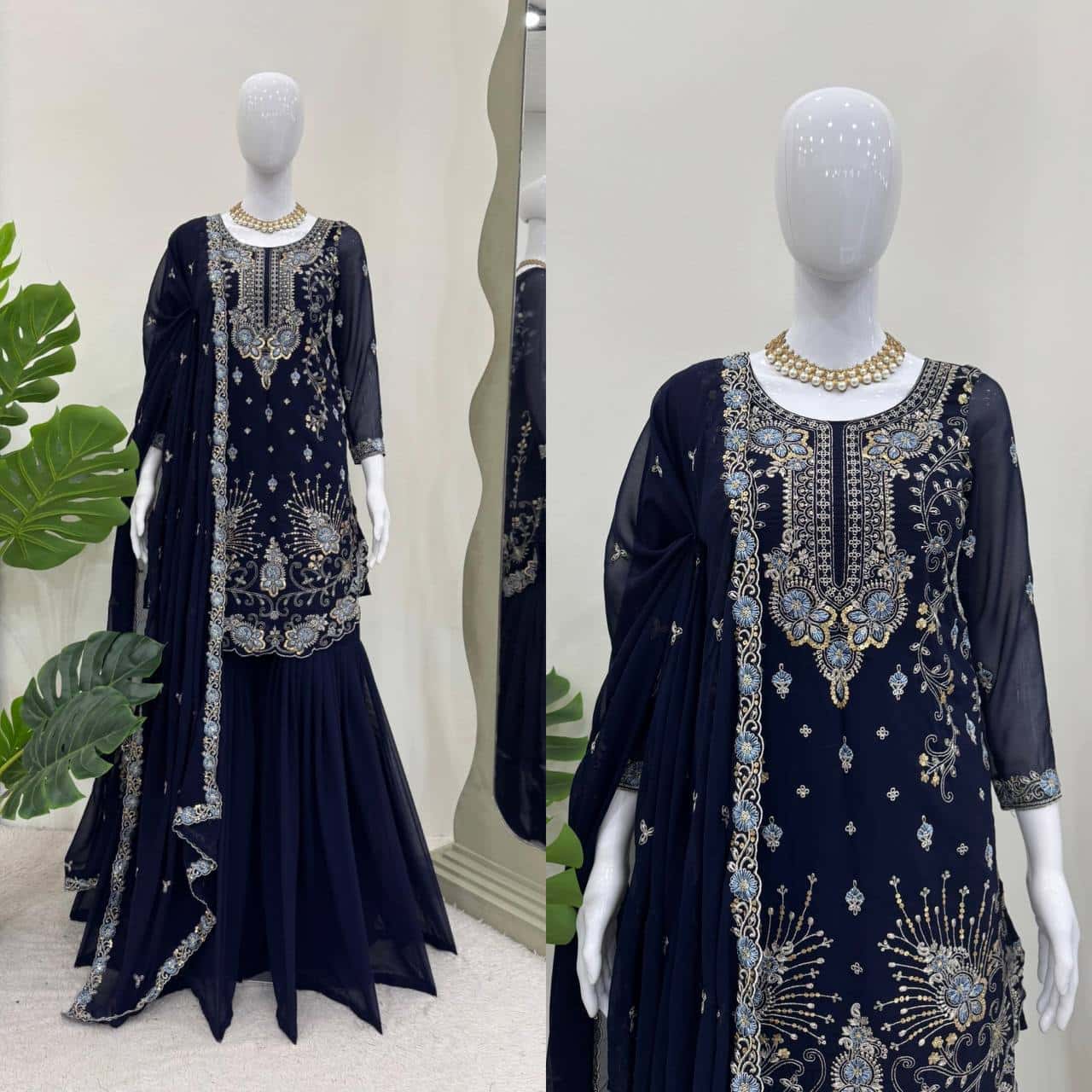 Red and blue thread embroidery work readymade stitch salwar suit