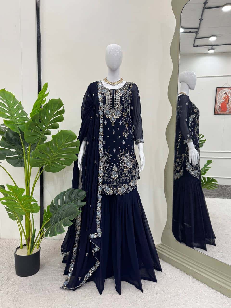 Red and blue thread embroidery work readymade stitch salwar suit