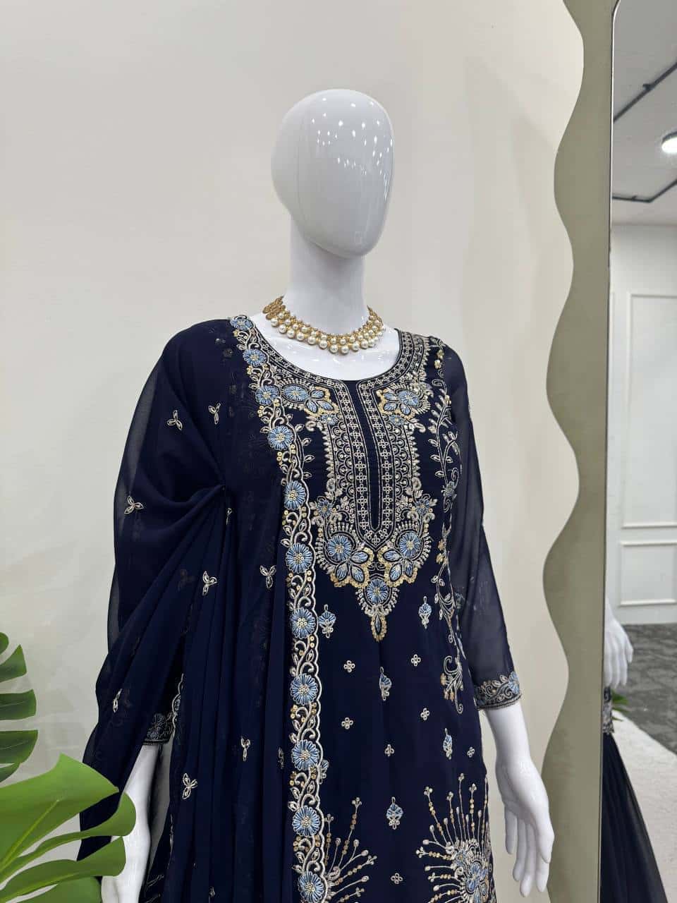Red and blue thread embroidery work readymade stitch salwar suit