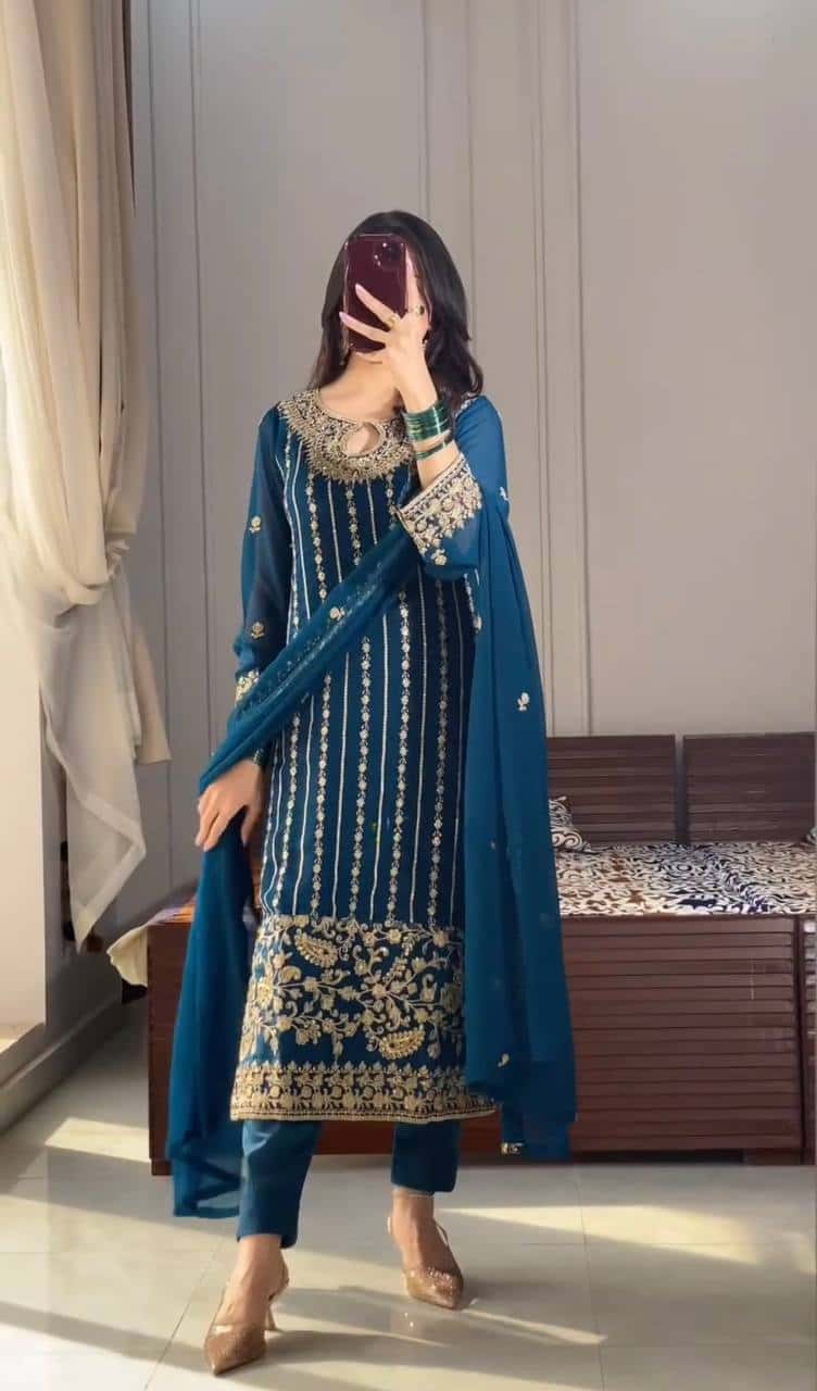 Elegant Heavy Faux Georgette Embroidered Top and Pant and Dupatta Set