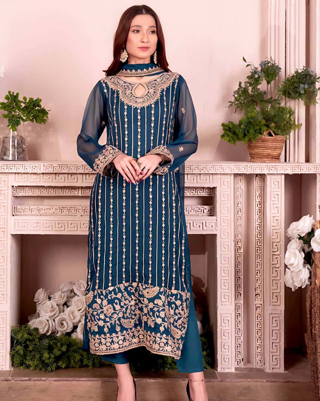 Elegant Heavy Faux Georgette Embroidered Top and Pant and Dupatta Set