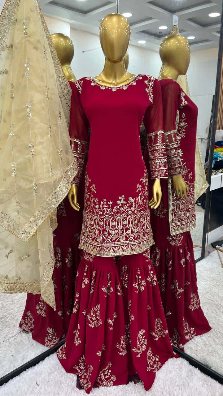 Elegant Faux Georgette Embroidered Sharara Set with Dupatta