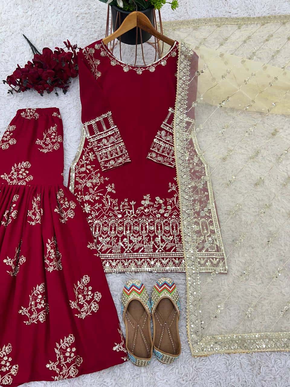 Elegant Faux Georgette Embroidered Sharara Set with Dupatta