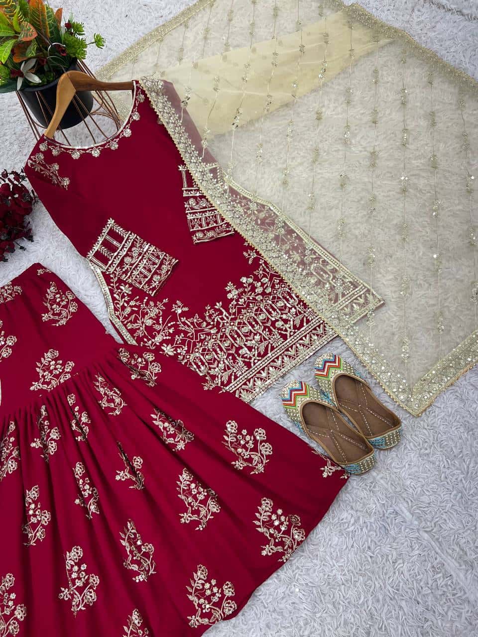 Elegant Faux Georgette Embroidered Sharara Set with Dupatta