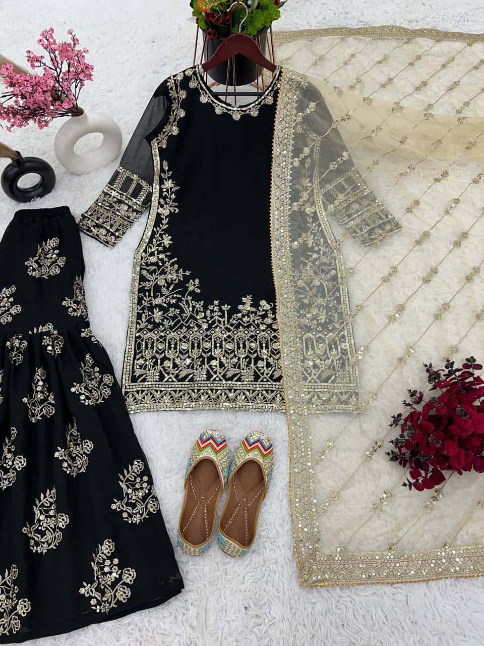 Elegant Faux Georgette Embroidered Sharara Set with Dupatta