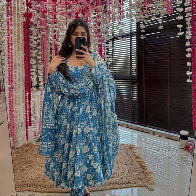 Flower print Pure cotton anarkali kurta pant with dupatta sets