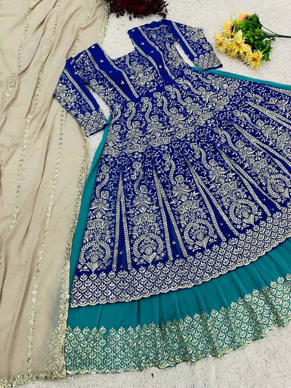 Faux Georgette with heavy 5mm embroidery sequence work Kurta Lehenga with Dupatta