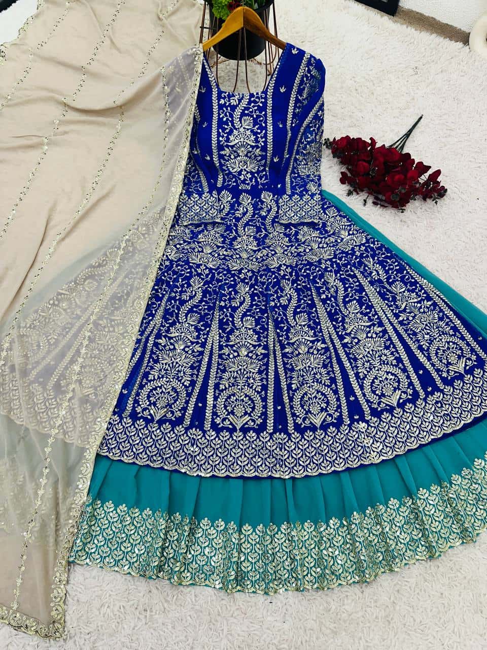 Faux Georgette with heavy 5mm embroidery sequence work Kurta Lehenga with Dupatta