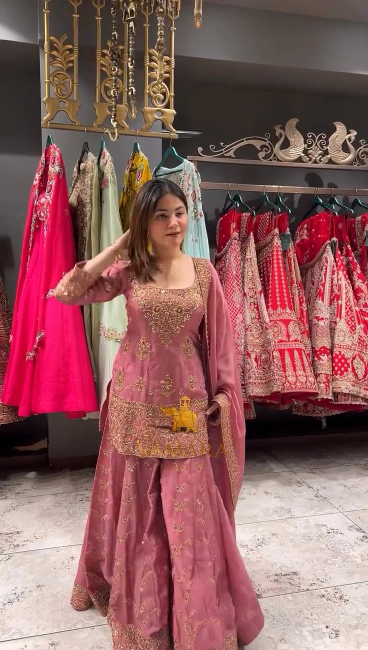 Heavy work silk kurta sharara with dupatta sets