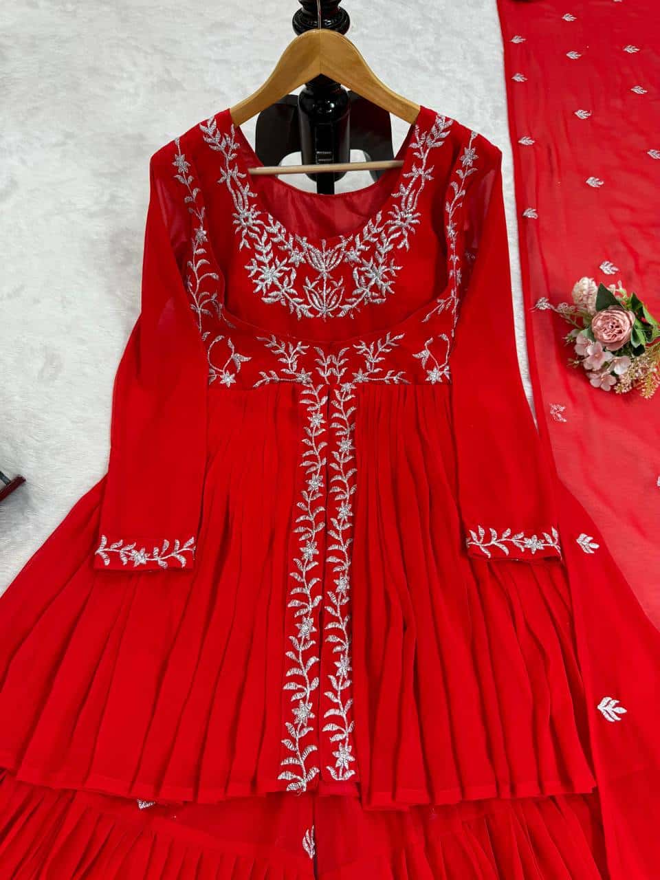 Faux georgette short front cut kurti sharara with dupatta sets