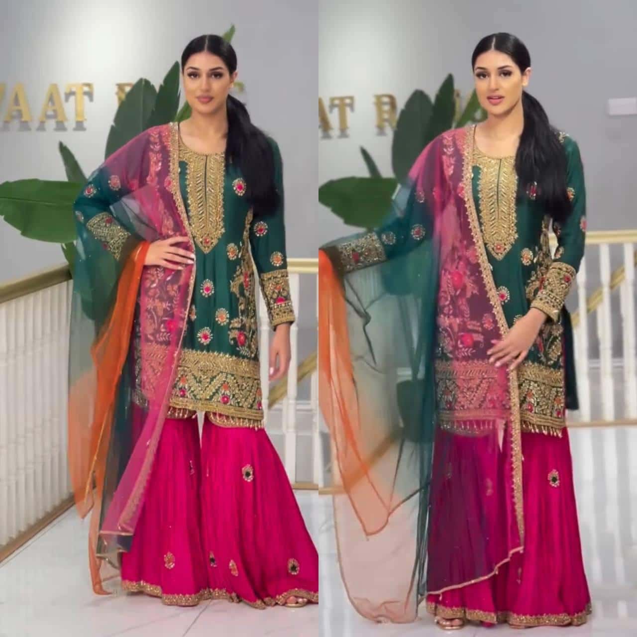 Malay Silk with Heavy 5mm Embroidery Sequence Work Kurta Sharara with Dupatta