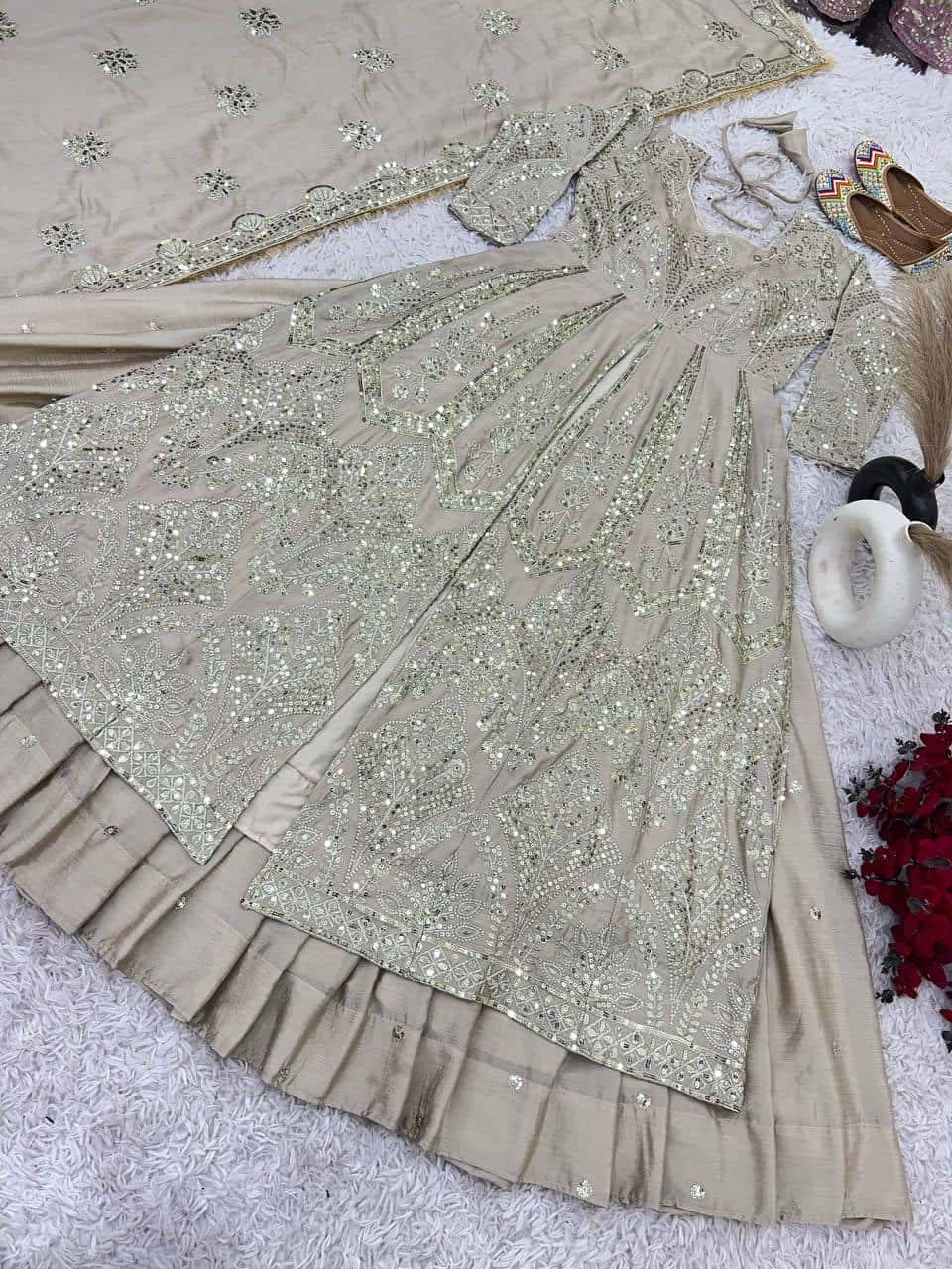 Elegant Pure Chinnon Silk Lehenga Set with Embroidered Top and Dupatta