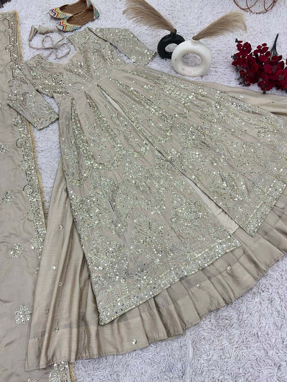 Elegant Pure Chinnon Silk Lehenga Set with Embroidered Top and Dupatta