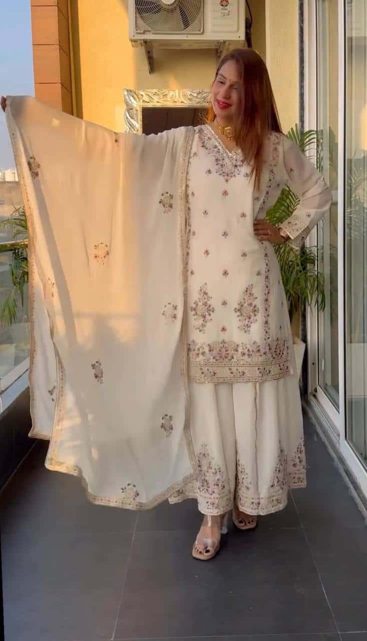 Pure Heavy Chinnon Silk Embroidered Top, Plazzo & Dupatta Set