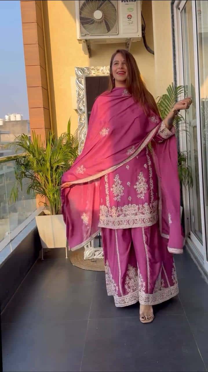 Pure Heavy Chinnon Silk Embroidered Top, Plazzo & Dupatta Set